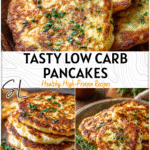 Golden Flourless Cottage Cheese Pancakes served with herbs on a rustic plate for a savory low carb breakfast.
